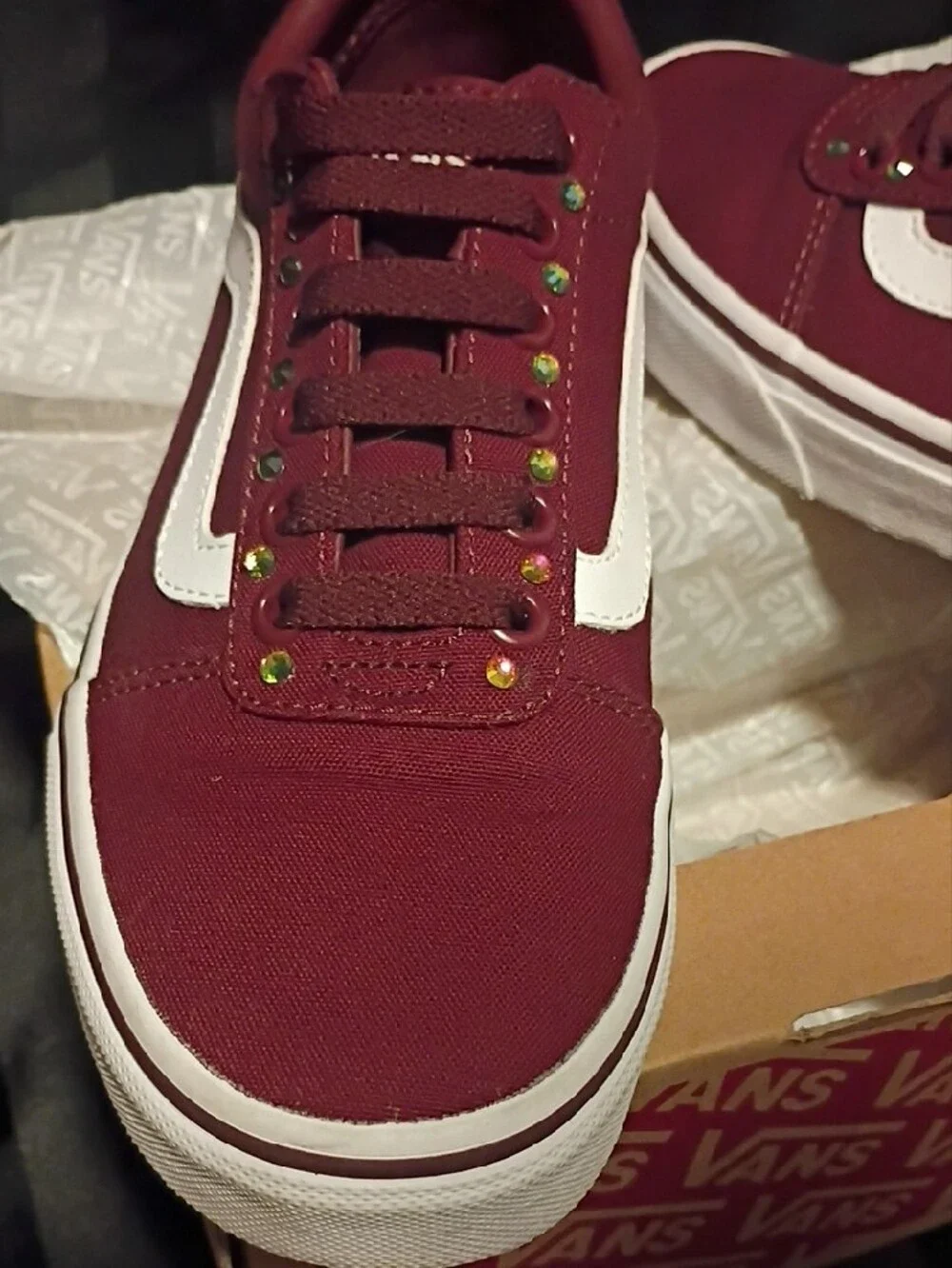 Vans Old Skool Low Top Sneakers in Burgundy with White Stripe W/Bling